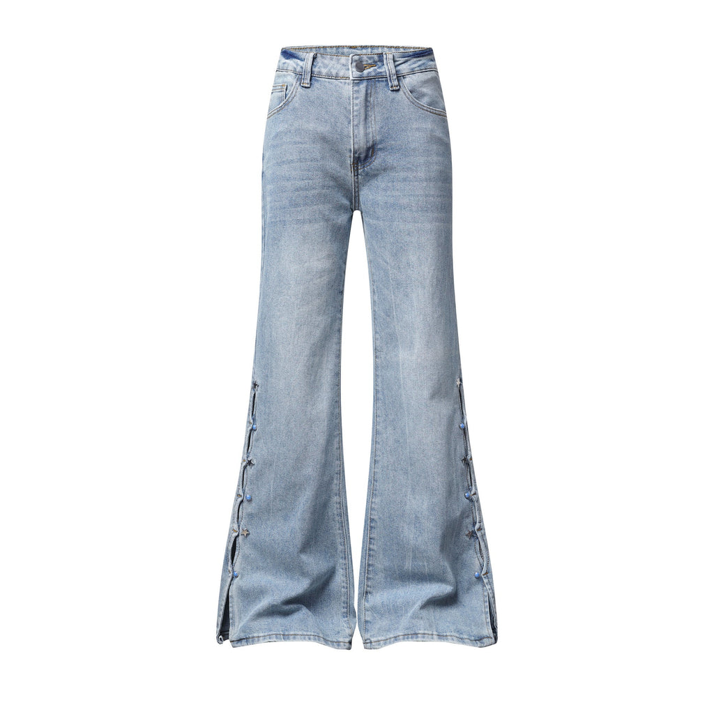 Light Blue Washed Micro Flare Jeans with Star Button Side Slit Hem - Outdoors & Sports Tinker Time