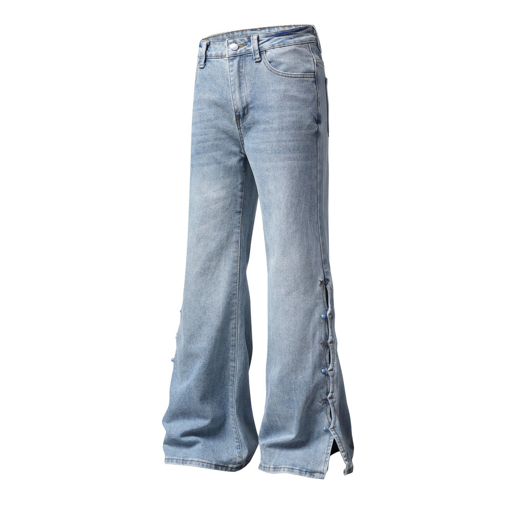Light Blue Washed Micro Flare Jeans with Star Button Side Slit Hem - Outdoors & Sports Tinker Time