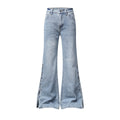 Light Blue Washed Micro Flare Jeans with Star Button Side Slit Hem - Outdoors & Sports Tinker Time