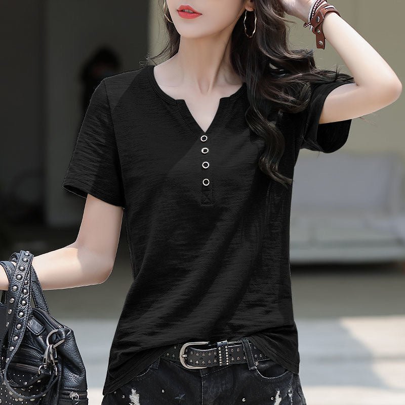 Loose Plus Size Women's V-Neck T-Shirt Casual Short Sleeve Top Mixed Cotton Blend - Outdoors & Sports Tinker Time