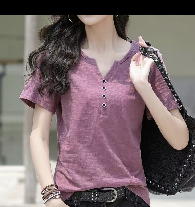 Loose Plus Size Women's V-Neck T-Shirt Casual Short Sleeve Top Mixed Cotton Blend - Outdoors & Sports Tinker Time