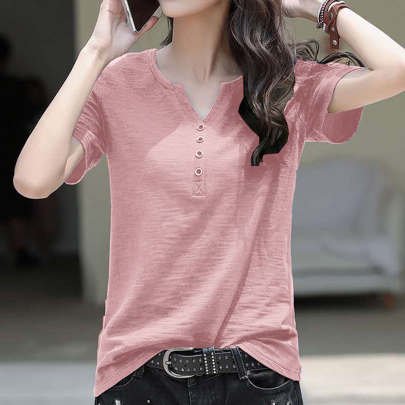Loose Plus Size Women's V-Neck T-Shirt Casual Short Sleeve Top Mixed Cotton Blend - Outdoors & Sports Tinker Time