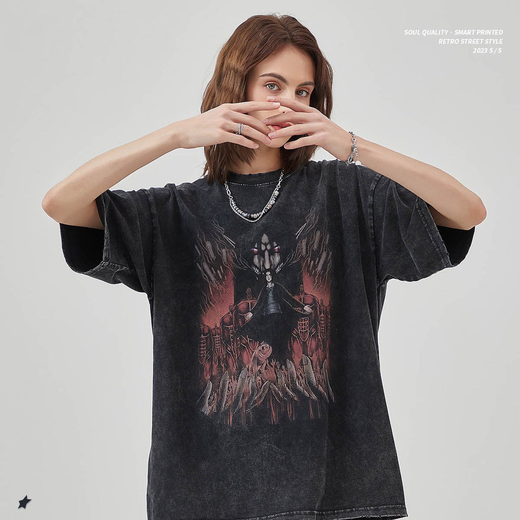 Mens and Womens Wear Worn Out Old High Street Loose Short Sleeve T Strike Giant Print Fried Snow Vintage T shirt - Outdoors & Sports Tinker Time
