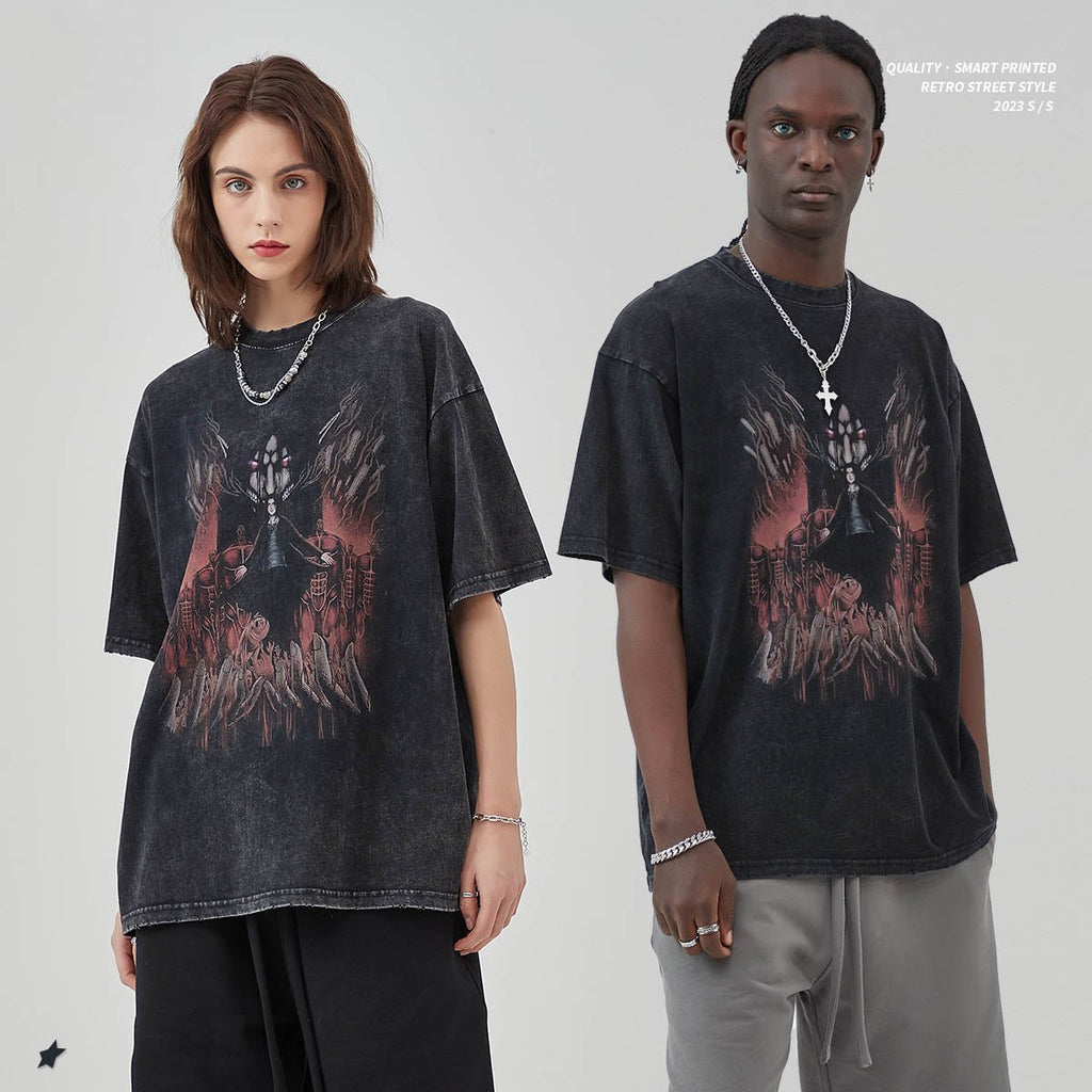 Mens and Womens Wear Worn Out Old High Street Loose Short Sleeve T Strike Giant Print Fried Snow Vintage T shirt - Outdoors & Sports Tinker Time