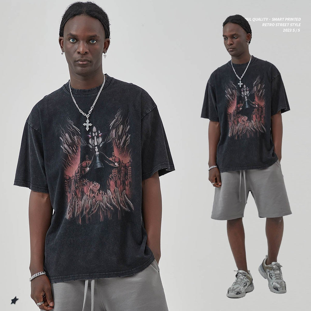Mens and Womens Wear Worn Out Old High Street Loose Short Sleeve T Strike Giant Print Fried Snow Vintage T shirt - Outdoors & Sports Tinker Time