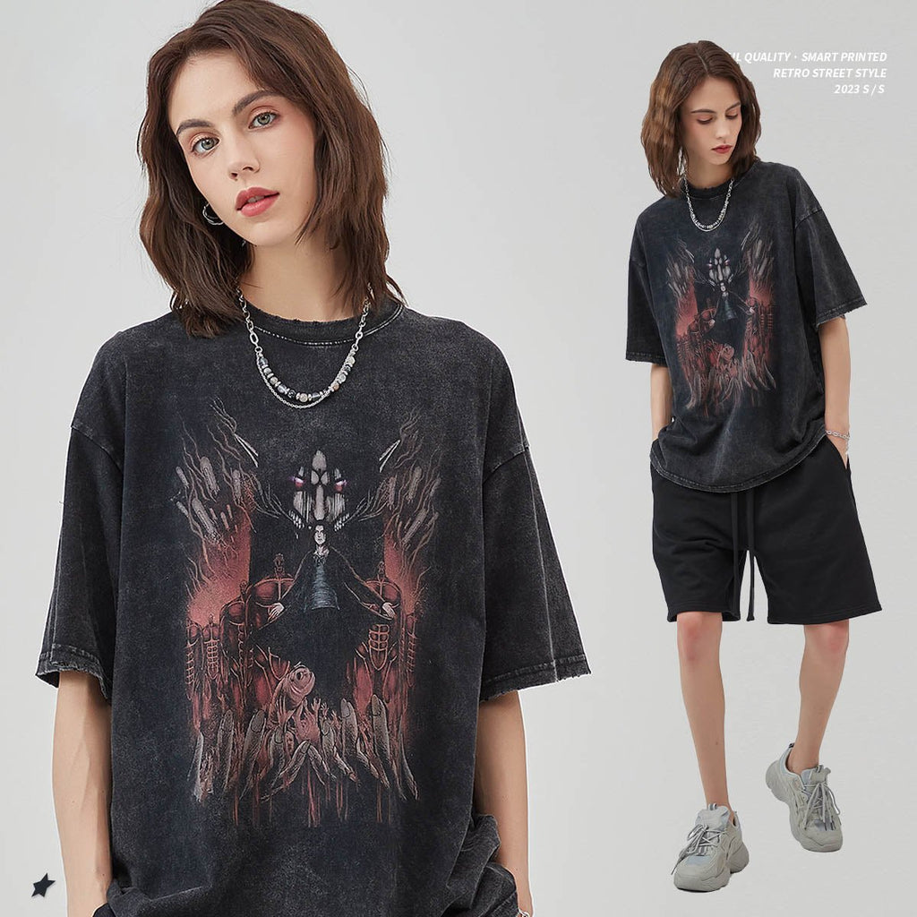 Mens and Womens Wear Worn Out Old High Street Loose Short Sleeve T Strike Giant Print Fried Snow Vintage T shirt - Outdoors & Sports Tinker Time
