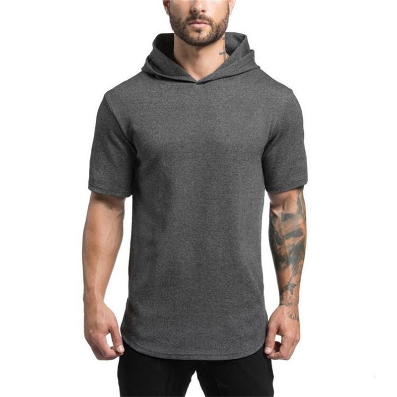 Mens Bodybuilding Hoodies Men Gyms Hooded Short Sleeve Fitness Clothing Muscle T Shirt Slim Solid Cotton Pullover Sweatshirt - Outdoors & Sports Tinker Time
