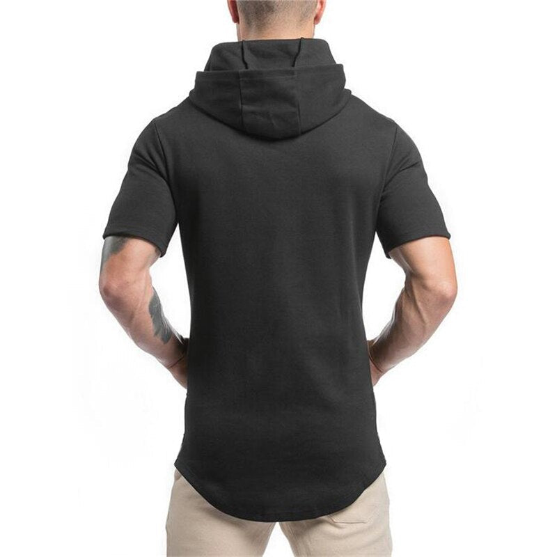 Mens Bodybuilding Hoodies Men Gyms Hooded Short Sleeve Fitness Clothing Muscle T Shirt Slim Solid Cotton Pullover Sweatshirt - Outdoors & Sports Tinker Time