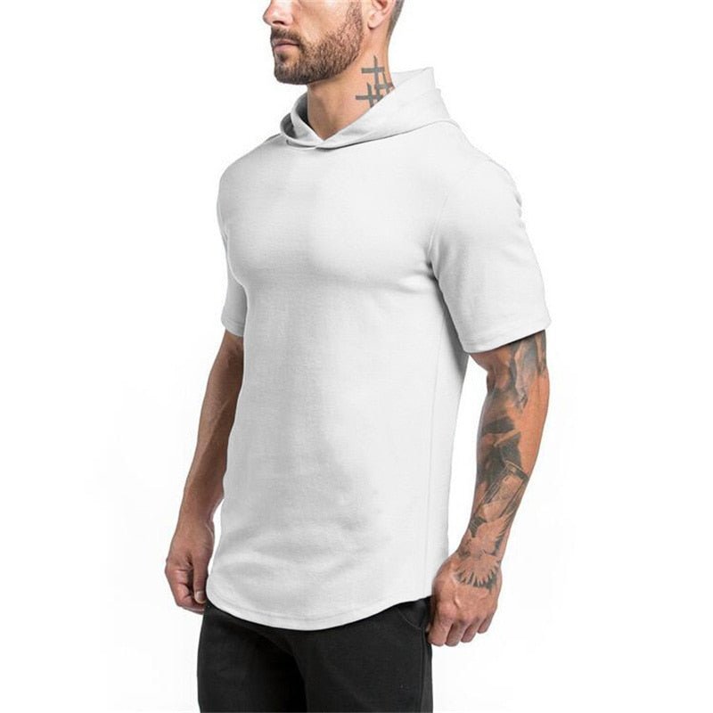 Mens Bodybuilding Hoodies Men Gyms Hooded Short Sleeve Fitness Clothing Muscle T Shirt Slim Solid Cotton Pullover Sweatshirt - Outdoors & Sports Tinker Time