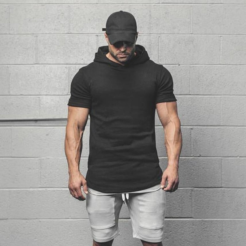 Mens Bodybuilding Hoodies Men Gyms Hooded Short Sleeve Fitness Clothing Muscle T Shirt Slim Solid Cotton Pullover Sweatshirt - Outdoors & Sports Tinker Time