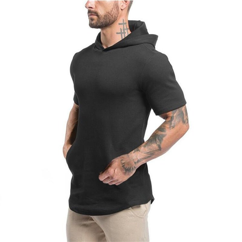 Mens Bodybuilding Hoodies Men Gyms Hooded Short Sleeve Fitness Clothing Muscle T Shirt Slim Solid Cotton Pullover Sweatshirt - Outdoors & Sports Tinker Time