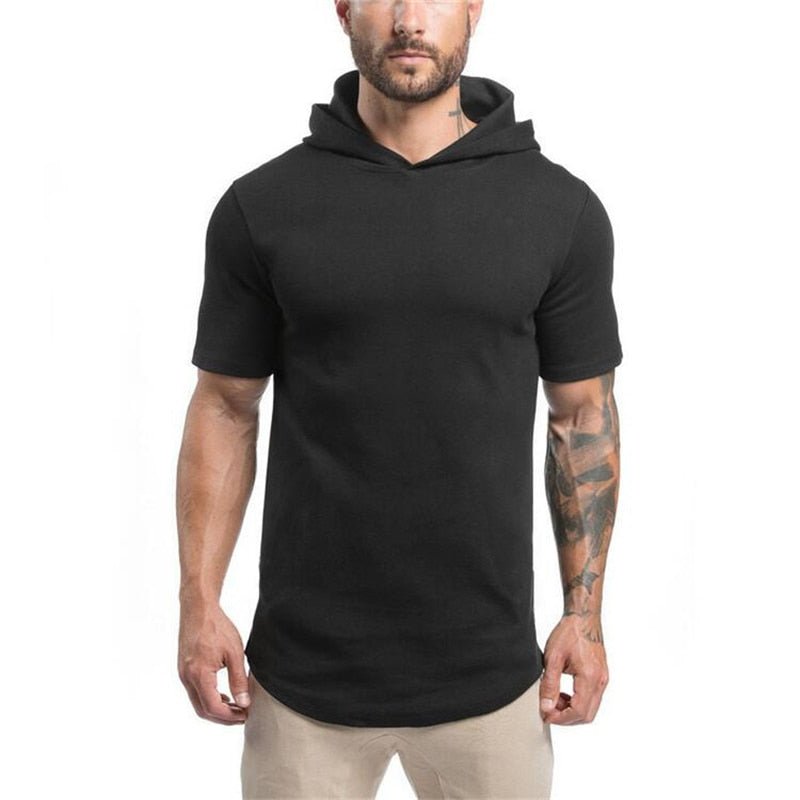 Mens Bodybuilding Hoodies Men Gyms Hooded Short Sleeve Fitness Clothing Muscle T Shirt Slim Solid Cotton Pullover Sweatshirt - Outdoors & Sports Tinker Time