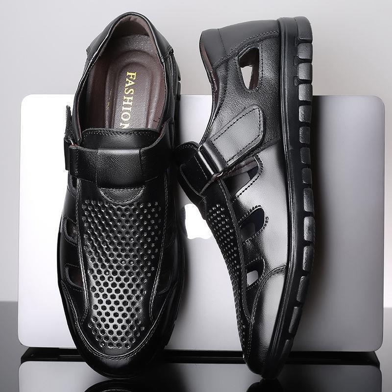 Men's leather sandals summer breathable leather shoes middle-aged and elderly soft soled dad's perforated shoes - Outdoors & Sports Tinker Time