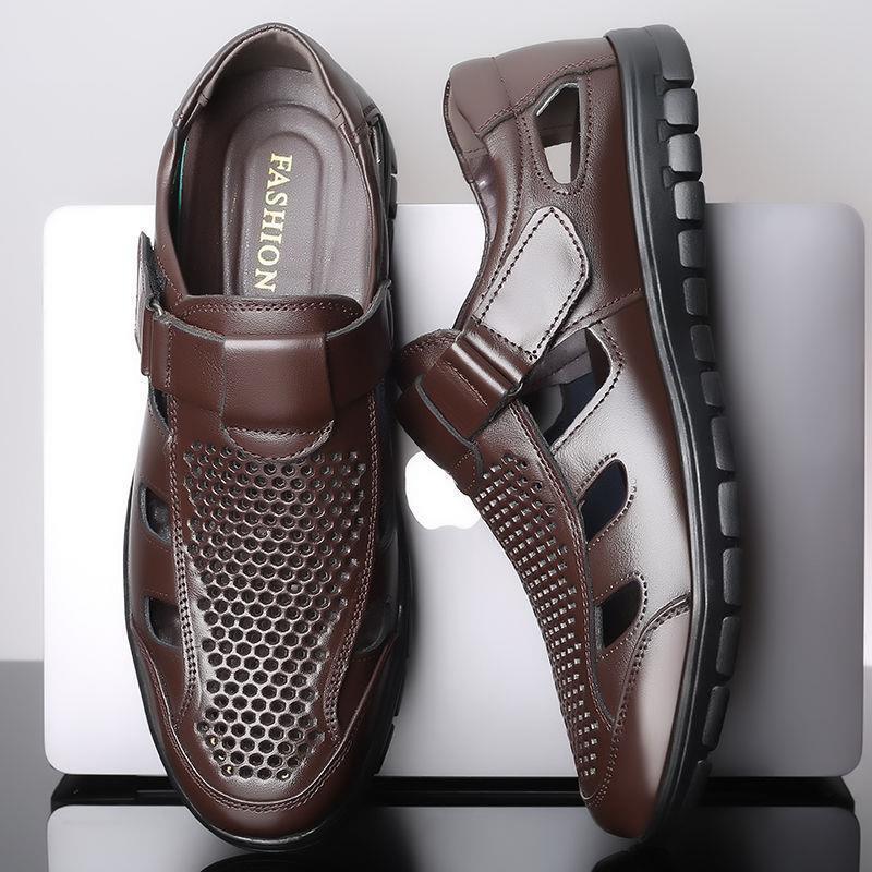 Men's leather sandals summer breathable leather shoes middle-aged and elderly soft soled dad's perforated shoes - Outdoors & Sports Tinker Time