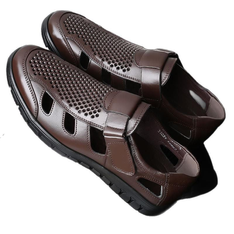 Men's leather sandals summer breathable leather shoes middle-aged and elderly soft soled dad's perforated shoes - Outdoors & Sports Tinker Time