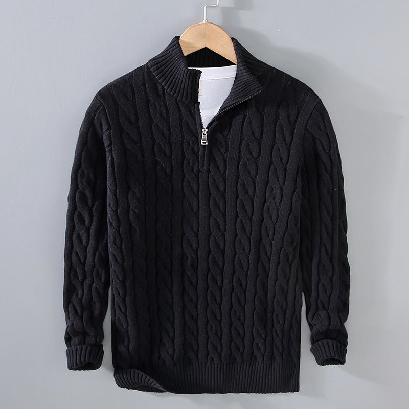 Men's Thickened Coarse Knit Mock Neck Zipper Loose Pullover Sweater - Outdoors & Sports Tinker Time