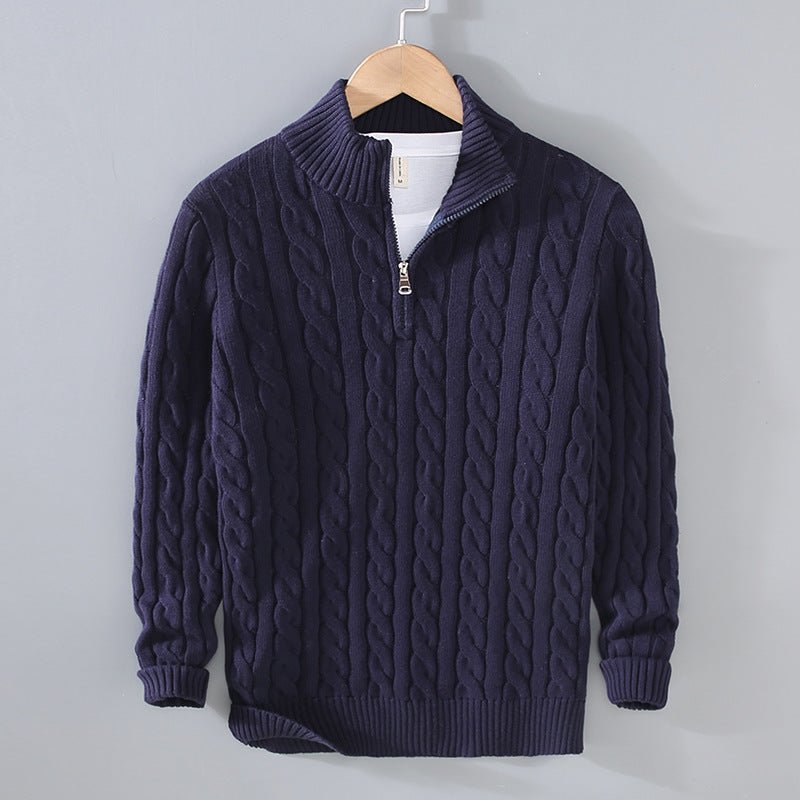 Men's Thickened Coarse Knit Mock Neck Zipper Loose Pullover Sweater - Outdoors & Sports Tinker Time