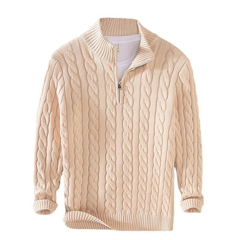 Men's Thickened Coarse Knit Mock Neck Zipper Loose Pullover Sweater - Outdoors & Sports Tinker Time