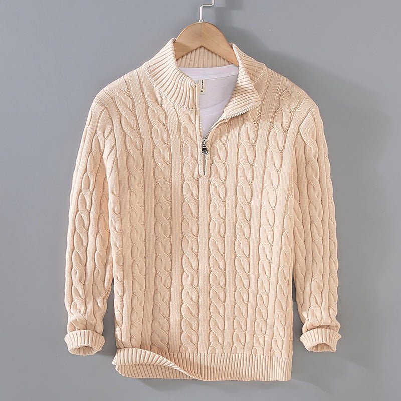 Men's Thickened Coarse Knit Mock Neck Zipper Loose Pullover Sweater - Outdoors & Sports Tinker Time