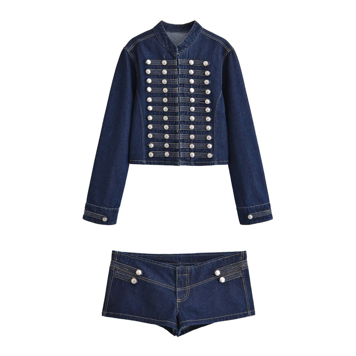 Multi row metal buckle denim jacket+shorts two-piece set for women - Outdoors & Sports Tinker Time