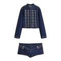 Multi row metal buckle denim jacket+shorts two-piece set for women - Outdoors & Sports Tinker Time