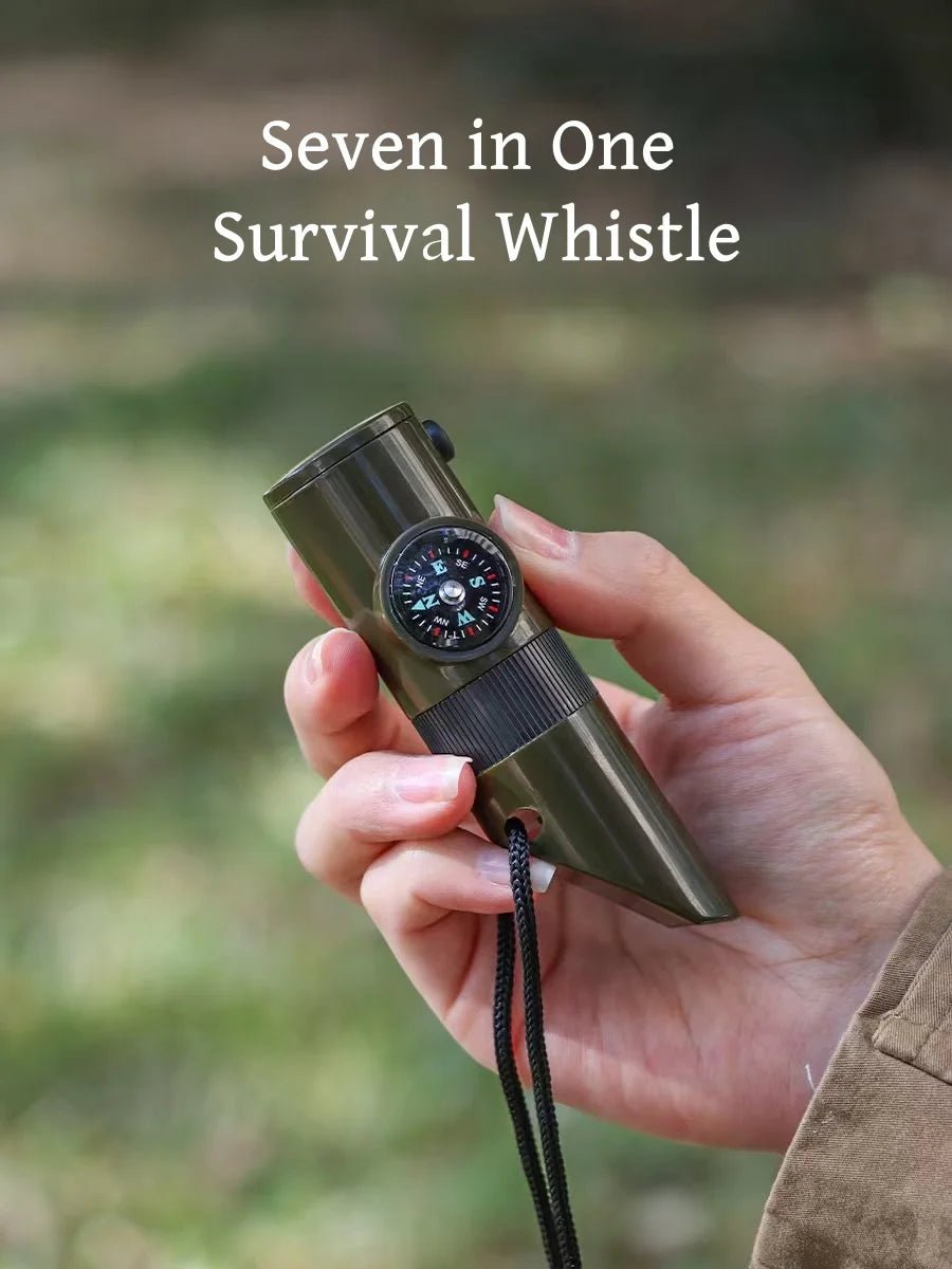 NEW 7 in 1 Survival Whistle Hiking Whistle Compass Mirror Flashlight Magnifier LED Light Thermometer Storage Compass Tool - Outdoors & Sports Tinker Time