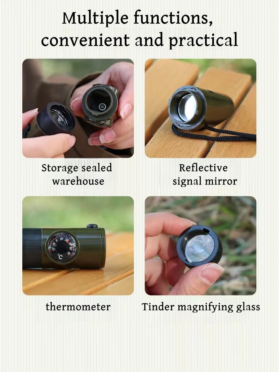 NEW 7 in 1 Survival Whistle Hiking Whistle Compass Mirror Flashlight Magnifier LED Light Thermometer Storage Compass Tool - Outdoors & Sports Tinker Time