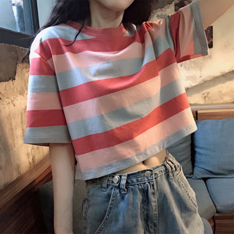 New loose rainbow striped short sleeved T-shirt for female students with exposed navel top - Outdoors & Sports Tinker Time