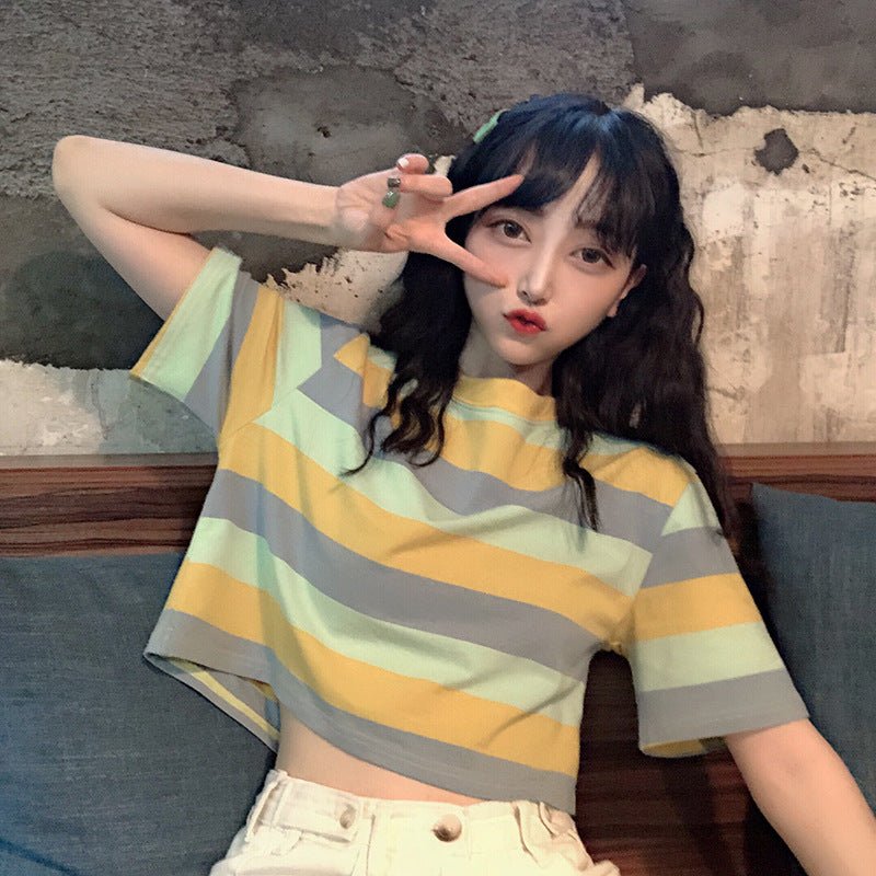 New loose rainbow striped short sleeved T-shirt for female students with exposed navel top - Outdoors & Sports Tinker Time