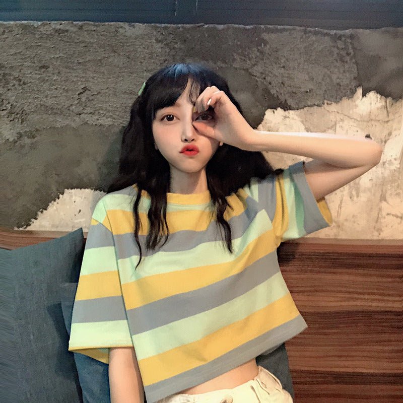 New loose rainbow striped short sleeved T-shirt for female students with exposed navel top - Outdoors & Sports Tinker Time