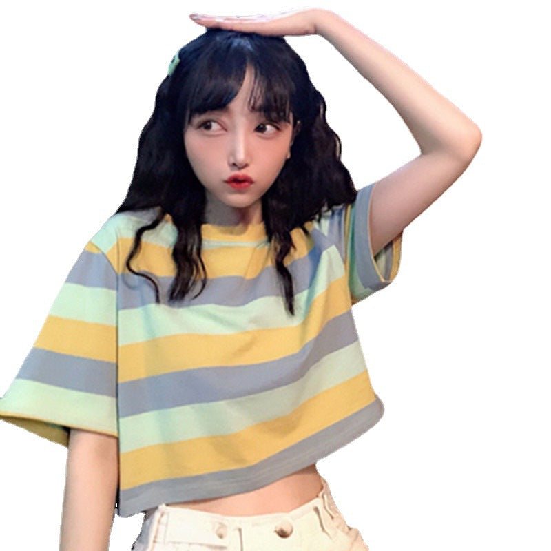 New loose rainbow striped short sleeved T-shirt for female students with exposed navel top - Outdoors & Sports Tinker Time