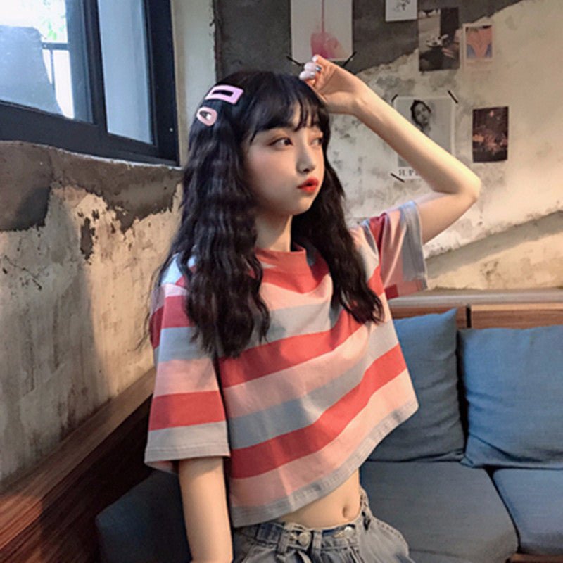 New loose rainbow striped short sleeved T-shirt for female students with exposed navel top - Outdoors & Sports Tinker Time
