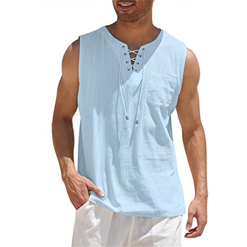 New Mens Tank Top Shirt Lace Up Fashion Solid Cotton Hemp Short Sleeve T shirt - Outdoors & Sports Tinker Time