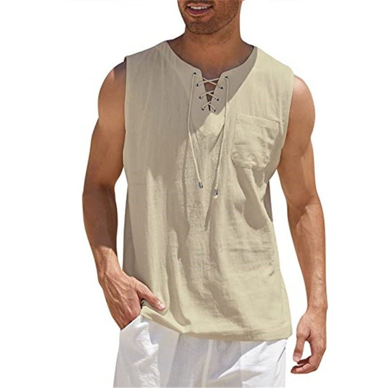 New Mens Tank Top Shirt Lace Up Fashion Solid Cotton Hemp Short Sleeve T shirt - Outdoors & Sports Tinker Time