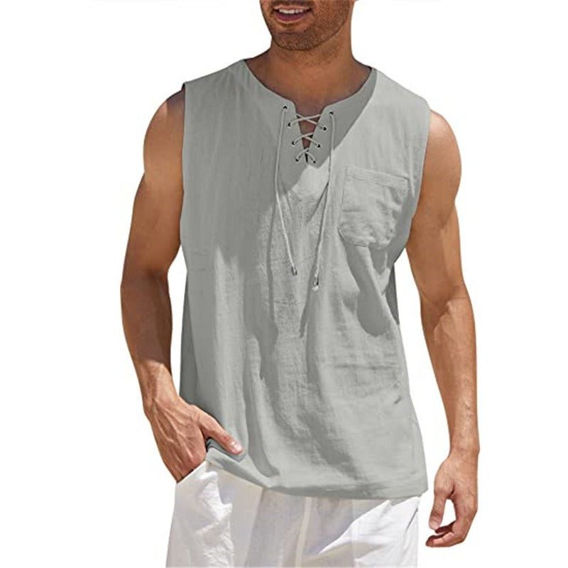 New Mens Tank Top Shirt Lace Up Fashion Solid Cotton Hemp Short Sleeve T shirt - Outdoors & Sports Tinker Time