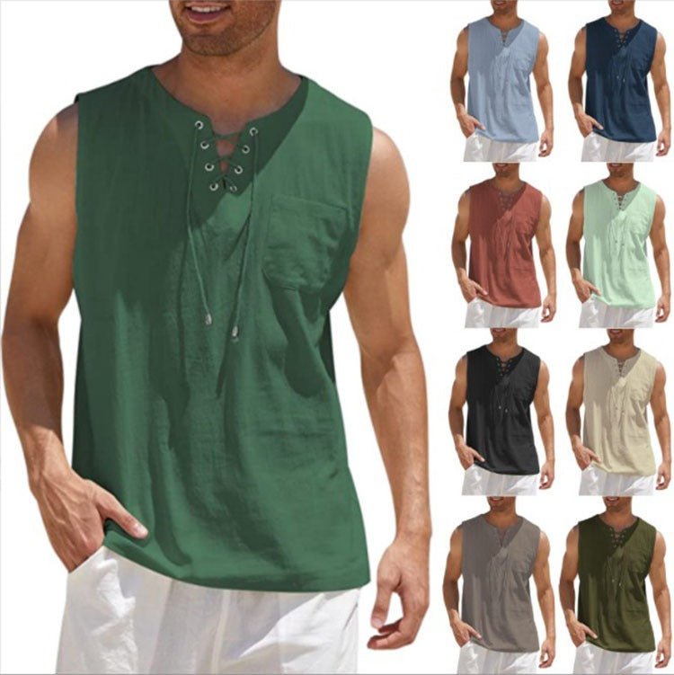 New Mens Tank Top Shirt Lace Up Fashion Solid Cotton Hemp Short Sleeve T shirt - Outdoors & Sports Tinker Time
