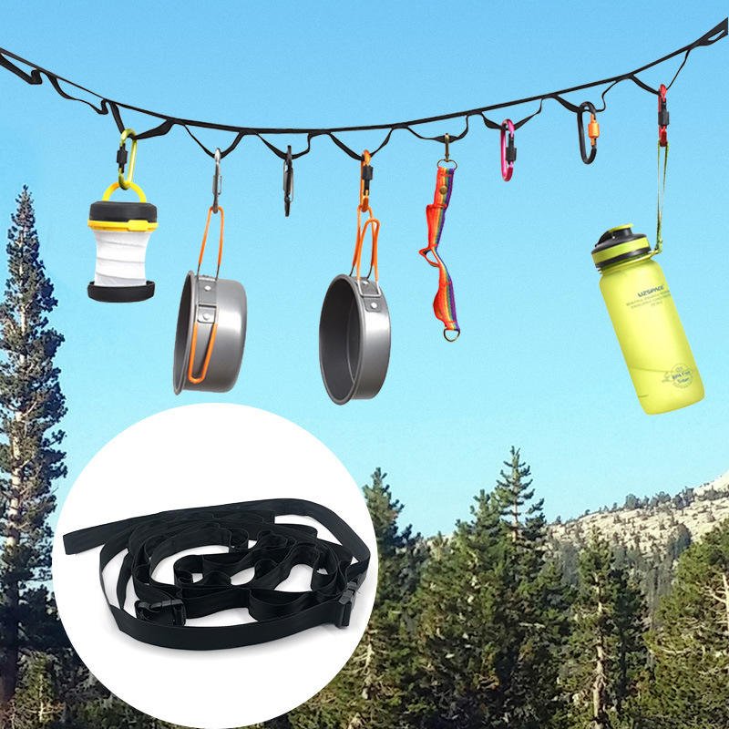 Outdoor camping tent storage rope adjustable clothesline strap camping lanyard with 19 hook hangers - Outdoors & Sports Tinker Time