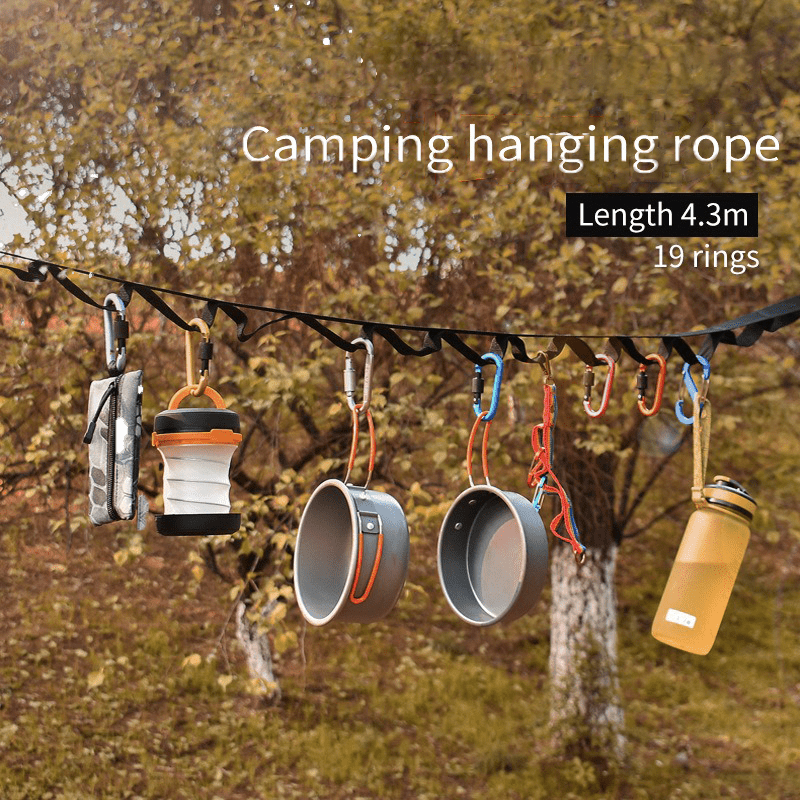 Outdoor camping tent storage rope adjustable clothesline strap camping lanyard with 19 hook hangers - Outdoors & Sports Tinker Time