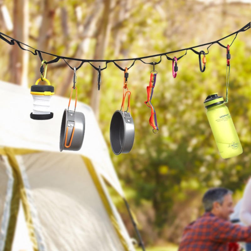 Outdoor camping tent storage rope adjustable clothesline strap camping lanyard with 19 hook hangers - Outdoors & Sports Tinker Time