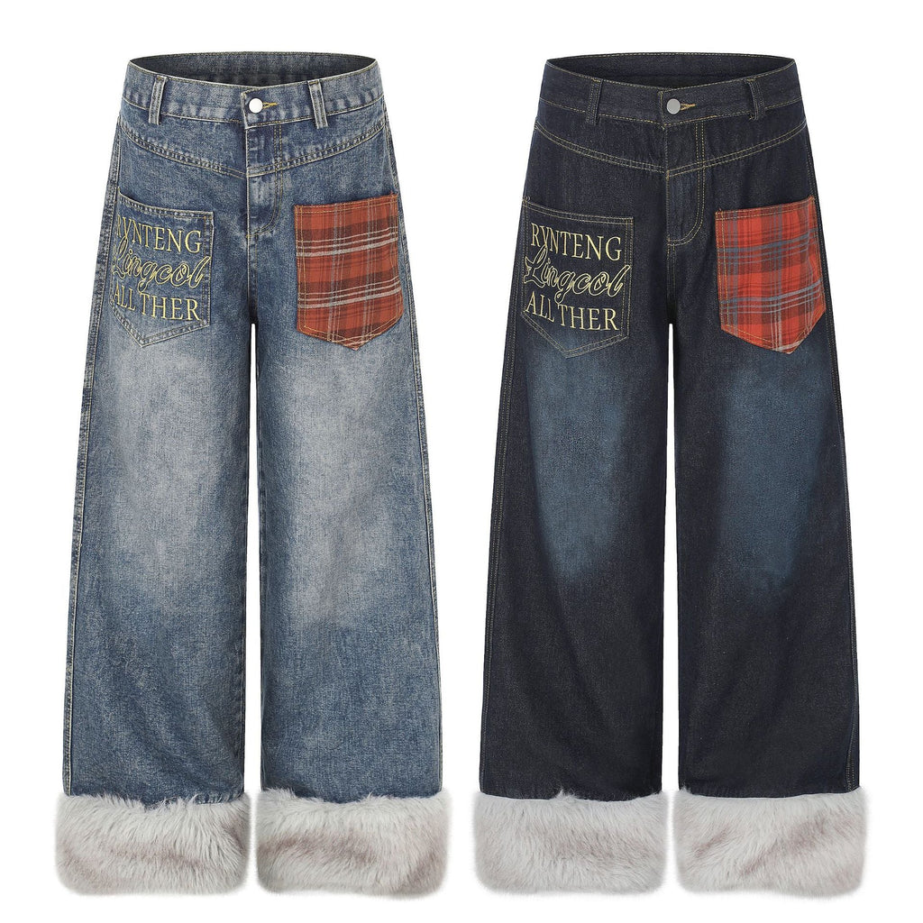 Plaid Patchwork Pocket Fleece-Lined Washed Denim Jeans Unisex Letter Embroidery Loose Wide Leg Pants - Outdoors & Sports Tinker Time
