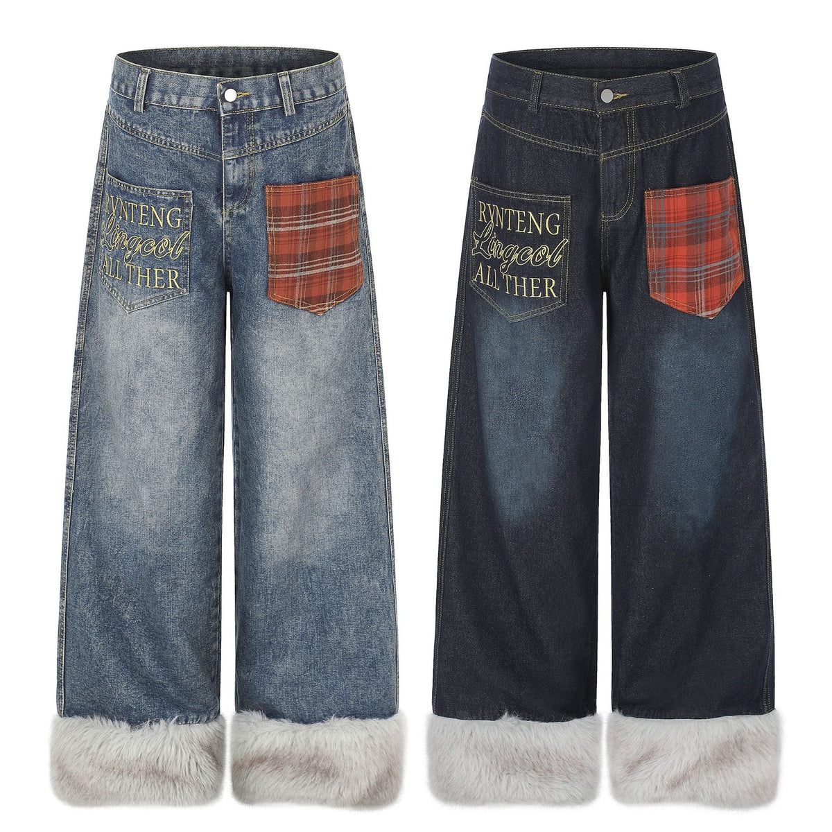 Plaid Patchwork Pocket Fleece-Lined Washed Denim Jeans Unisex Letter Embroidery Loose Wide Leg Pants - Outdoors & Sports Tinker Time