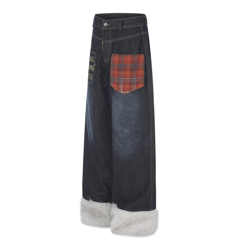 Plaid Patchwork Pocket Fleece-Lined Washed Denim Jeans Unisex Letter Embroidery Loose Wide Leg Pants - Outdoors & Sports Tinker Time