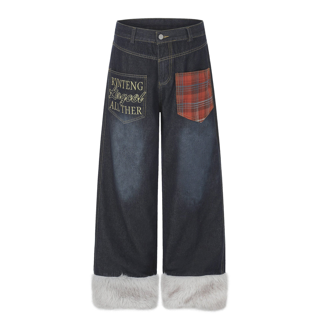 Plaid Patchwork Pocket Fleece-Lined Washed Denim Jeans Unisex Letter Embroidery Loose Wide Leg Pants - Outdoors & Sports Tinker Time