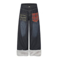 Plaid Patchwork Pocket Fleece-Lined Washed Denim Jeans Unisex Letter Embroidery Loose Wide Leg Pants - Outdoors & Sports Tinker Time