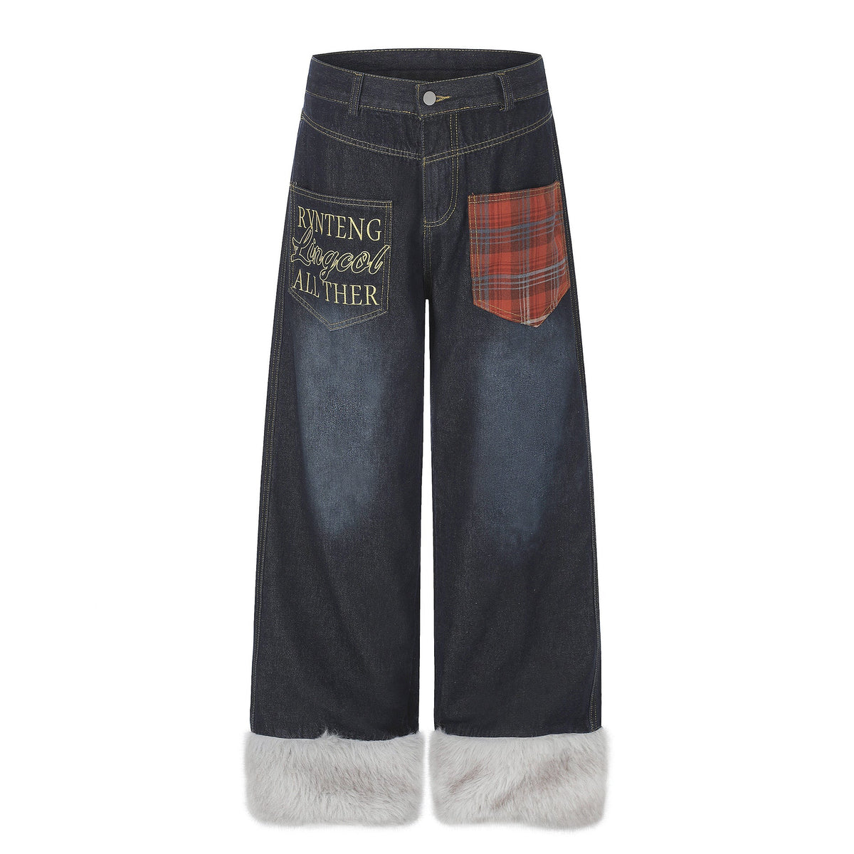 Plaid Patchwork Pocket Fleece-Lined Washed Denim Jeans Unisex Letter Embroidery Loose Wide Leg Pants - Outdoors & Sports Tinker Time