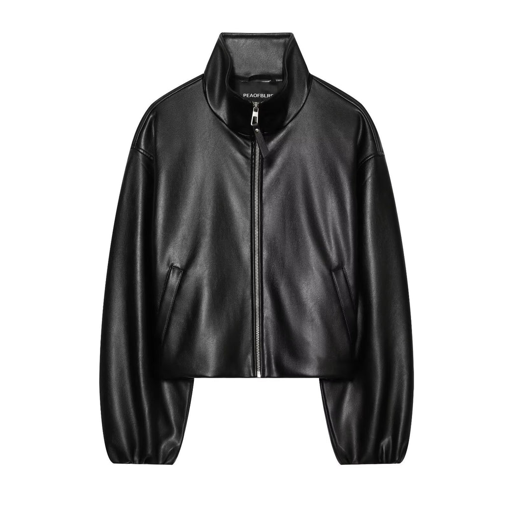 Pocket zipper stand up collar long sleeved leather jacket for women - Outdoors & Sports Tinker Time