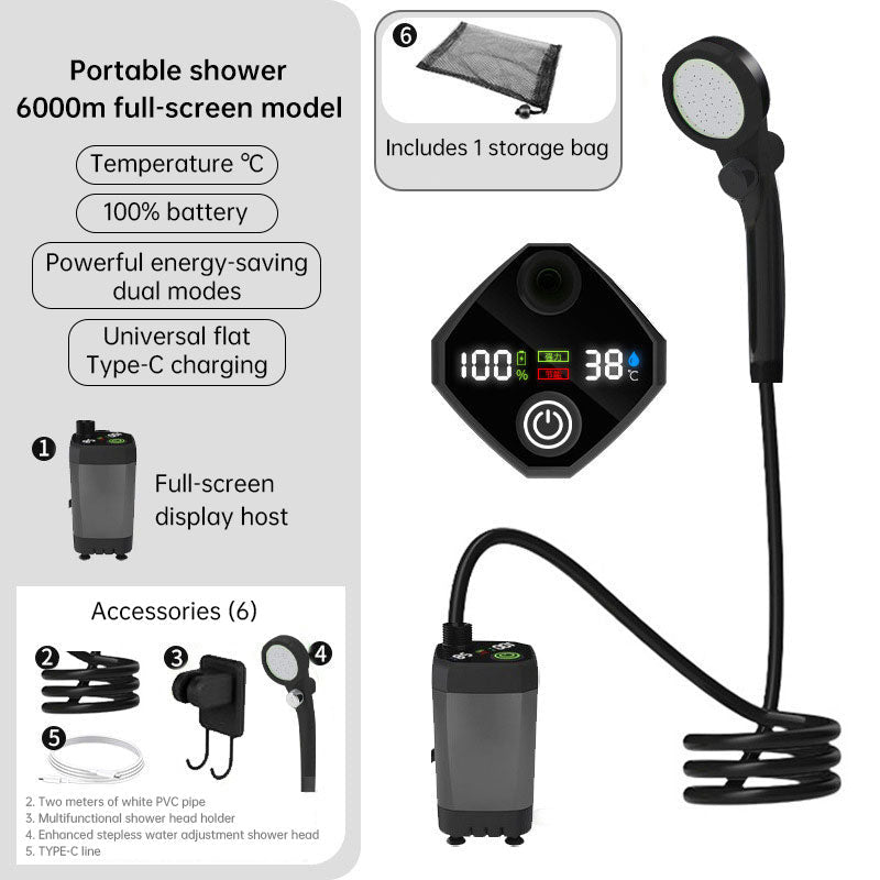 Portable Outdoor Shower Kit, 6000mAh Rechargeable Water Pump with Display for Camping & Pet Bath - Outdoors & Sports Tinker Time