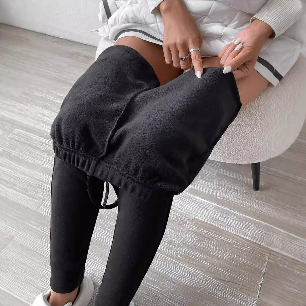 Pure Color Fleece Drawstring Slim Warm High-Waist Outerwear Leggings - Outdoors & Sports Tinker Time