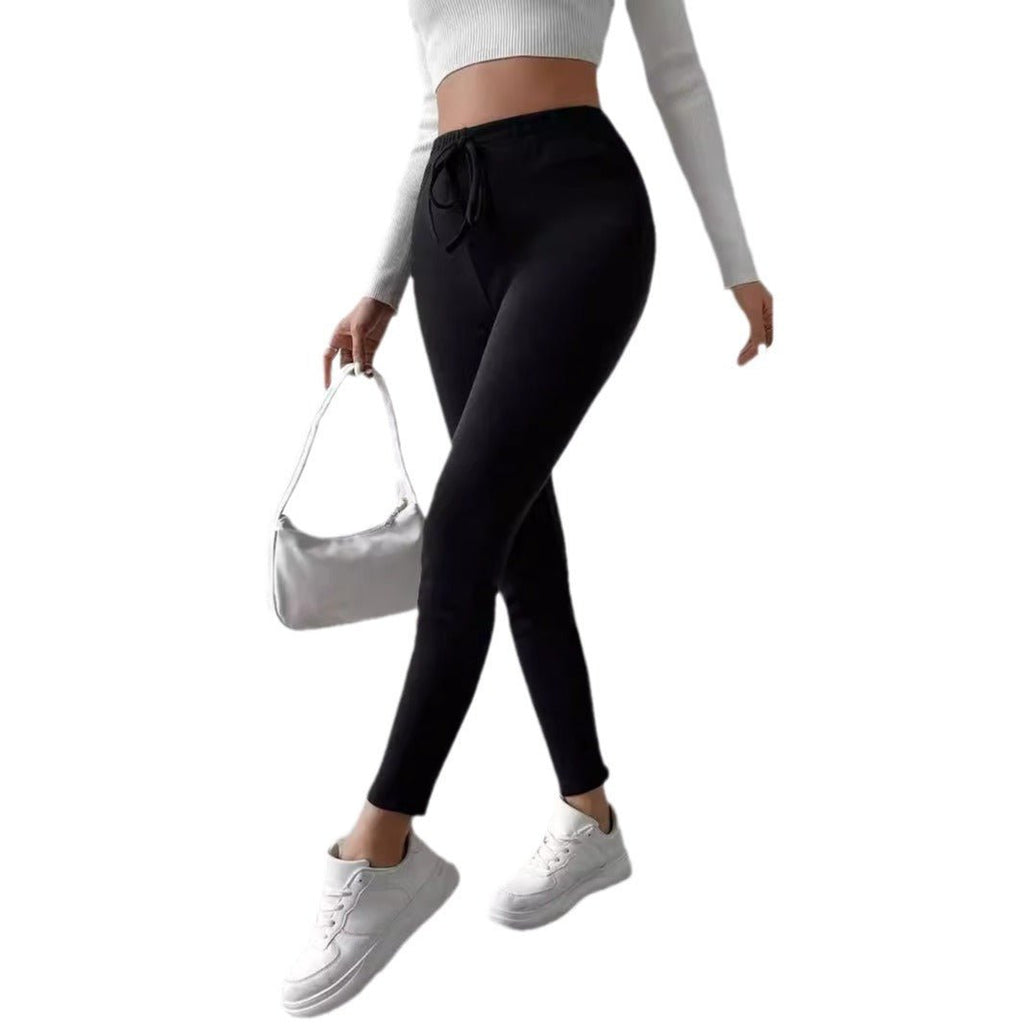Pure Color Fleece Drawstring Slim Warm High-Waist Outerwear Leggings - Outdoors & Sports Tinker Time