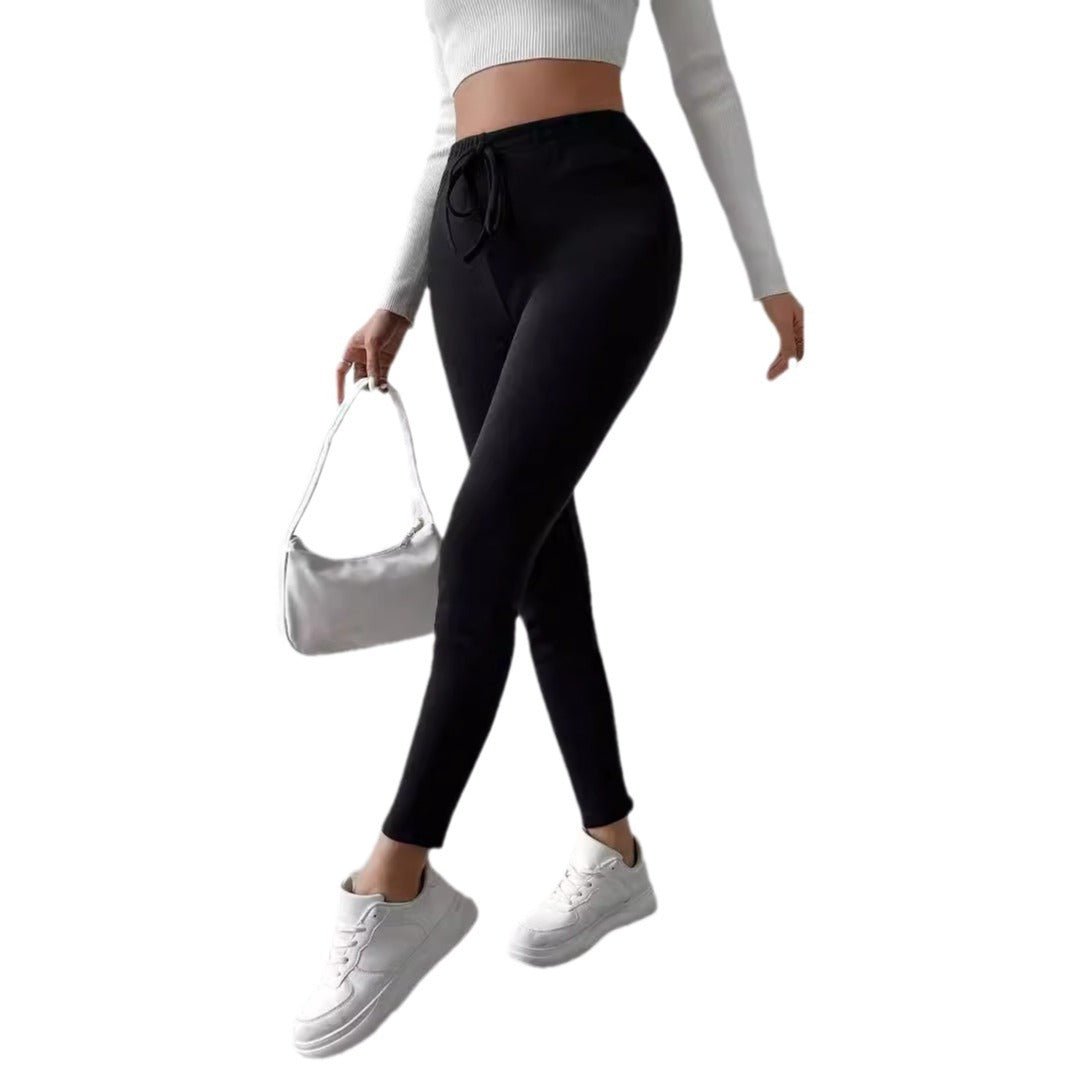 Pure Color Fleece Drawstring Slim Warm High-Waist Outerwear Leggings - Outdoors & Sports Tinker Time
